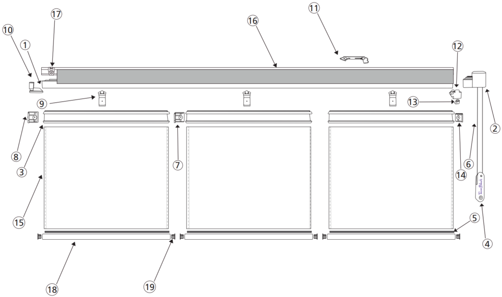 riel, control, riel de panel, pesa, inserto, cordon, tope L, tope t, carro para panel, tapa de control, bracket, carro maestro, tambor, tope final, lienzo, galería, bracket para galeria, riel inferior, tapa de riel inferior
