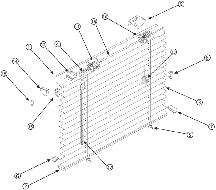 riel superior, riel inferior, tabletas o laminas, tambor, boton, soporte de viento, tapa de riel inferior, espaciador, bracket, cord lock, porta tambor, inclinador, campana y cordon, tapa de riel superior, soporte de galeria, flecha de 5mm, baston, capuchon