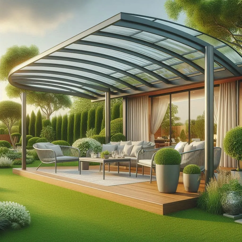 una pergola de aluminio y policarbonato es una estructura para exteriores que ofrece protección solar y resistencia, con paneles translucidos en el techo