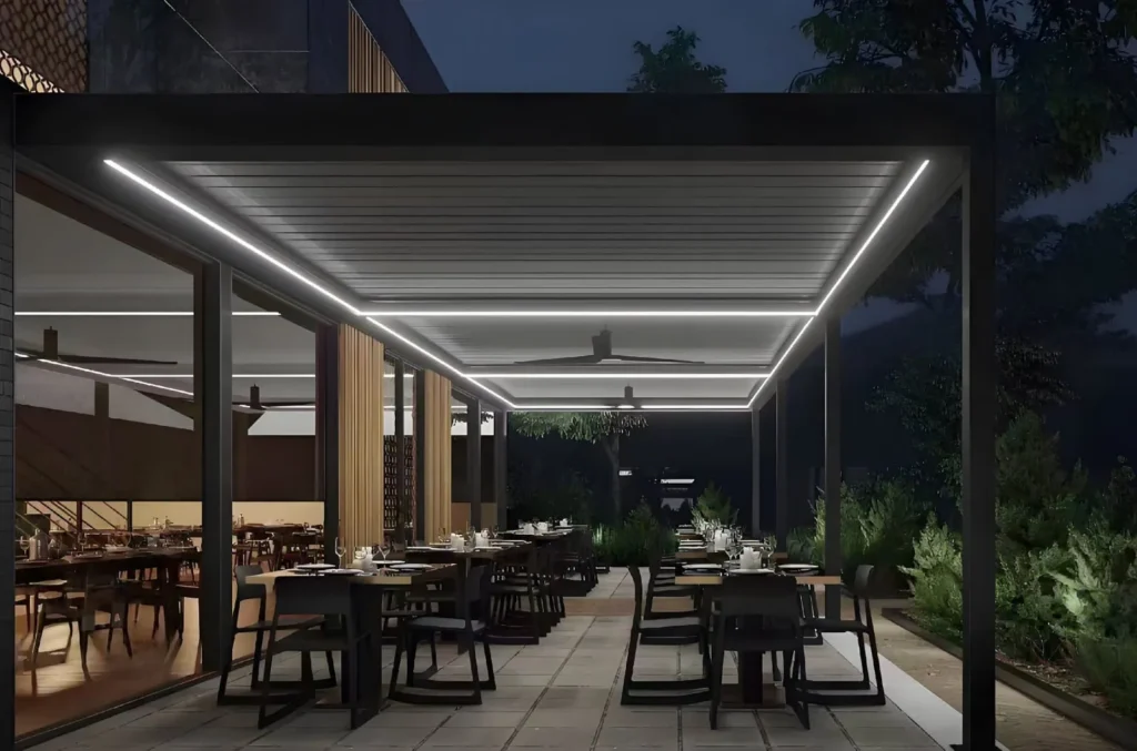 Pérgolas bioclimáticas en México con lamas de aluminio orientables, motor e iluminación LED. Cotiza suministro y opciones de entrega para tu proyecto.