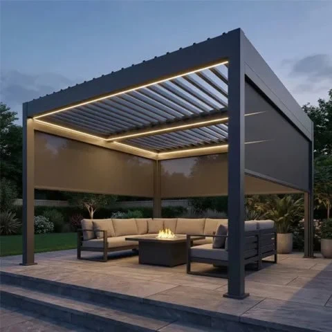 Pérgolas Bioclimáticas Con Lamas Orientables Disfruta tu terraza con la luz y la sombra que necesitas en cada momento. Las lamas de aluminio pueden orientarse hasta 90° para ajustar la entrada de sol y favorecer la circulación de aire sin recoger el techo.