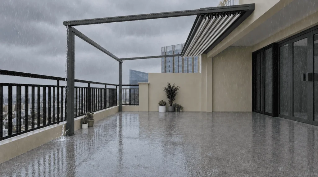 La configuración considera el ancho, la proyección y las alturas delantera y posterior. Estas medidas permiten definir la inclinación de las guías y la integración del toldo con el inmueble. El sistema puede incorporar canalón para captar el agua y conducirla hacia una salida definida durante la instalación.